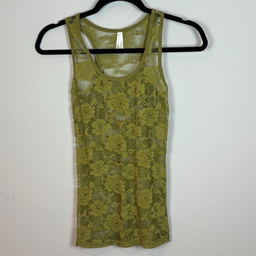 Color Story Olive‎ Green Floral Lace Sheer Y2K Womens Tank Small Fairy whimsical